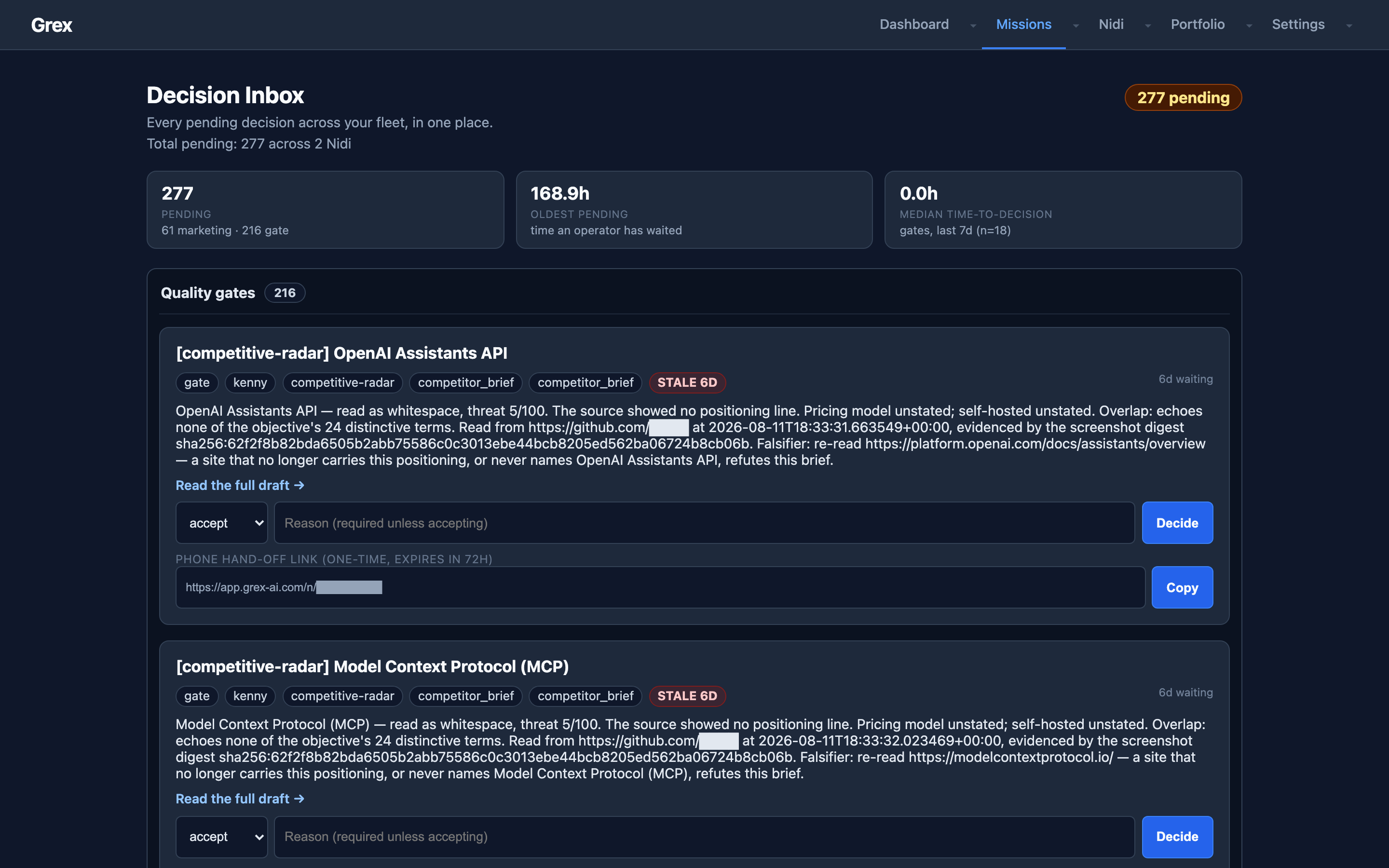 Grex dashboard Decision Inbox showing pending quality gates with accept/reject controls and a phone hand-off link